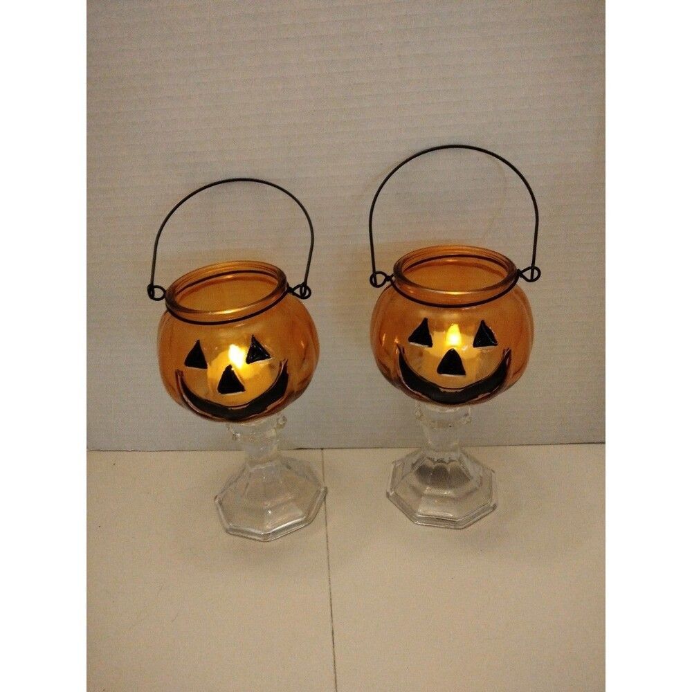 Pumpkin candle votive holders set of 2 Fall decor 7.25" tall